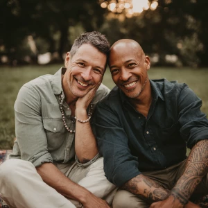 Two light-skinned 50+ men seated outdoors on a blanket in a park...