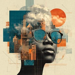 A surreal digital collage portrait of an african female samurai...