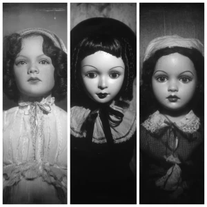 Creepy retro dolls from 1940s black and white