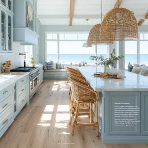 “Bright coastal-style kitchen with soft blue shaker cabinets, wh...