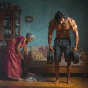 Hyperrealism,oil painting  ,a indian  muscular beefy  sweaty man...