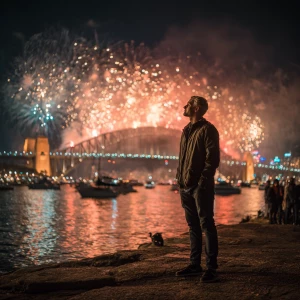A man looking in the camera standing on a crowded Sydney Harbour...
