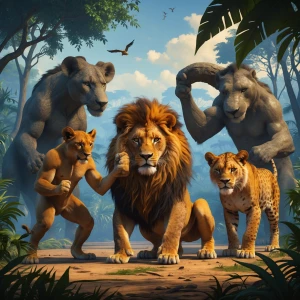 Create a lion in the jungle wrestling with five different animal...