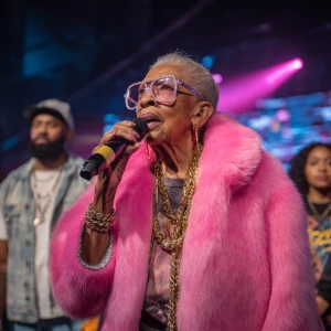 An elderly woman on a rap battle stage, holding a microphone. Sh...