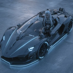 Ultra-realistic 3D render of a confident, sleek female cyberpunk...