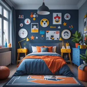 Generate an image of a male room decorated with all kinds of acc...