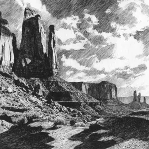 A detailed black and white pencil sketch capturing a Monument Va...