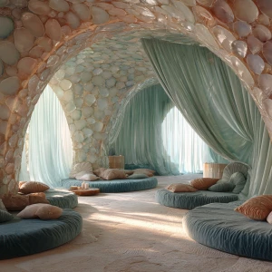Calmness inside a library made of translucent seashells, curved...