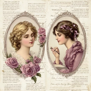 Victorian Mauve Rose Cameos – 4 Medallion Cards (Antique Portrai...