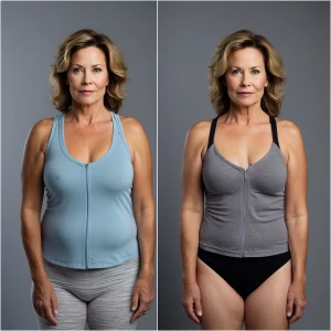 Create two side-by-side full-body images of a woman in her mid-f...