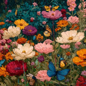 a flower garden full of butterflies"