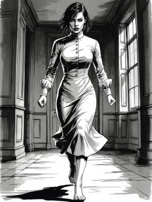 black and white sketch of a young woman, 6" tall, 170 lbs., 42"...