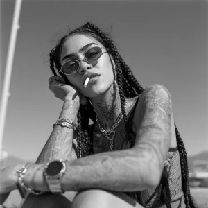 Young Moroccan woman, black hair in braids, built like mountain...