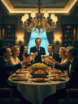 A lavish dining room where a wealthy family celebrates, laughing...