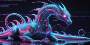 A shimmering glitch-ridden basilisk, its form a dazzling mixture...