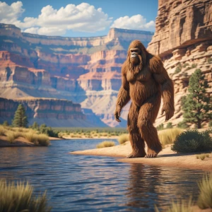 A scene of the Grand Canyon and a humanoid looking hair covered...