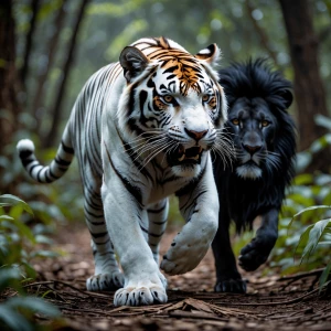 A white tiger with orange spots in the forest runs after a black...