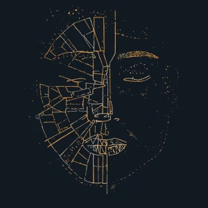 Create an abstract illustration of a face composed of fragmented...