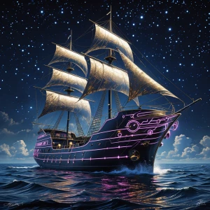 A shimmering glam-goth post-modern galaxy galleon, resplendent i...