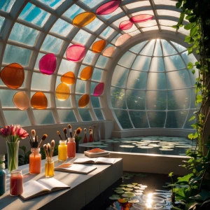 Inside Glass Petal Art Studio, you find yourself in a luminous d...