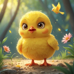 Ek cute chhota yellow chick (Goluu) ghaas par khada hai, upar ne...