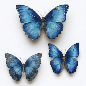 Prompt: Dark blue Morpho menelaus top-view and 3/4-view; delicat...