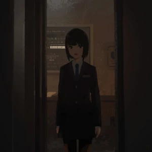 The image shows a person standing in a dimly lit room. The indiv...