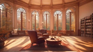 In a cozy autumn library with tall arched windows, the soft gold...