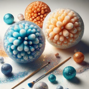 Create an image of Blue and orange glitter pompoms, add sparkle....