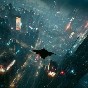 A lone hero mid-flight over a sprawling futuristic city at night...
