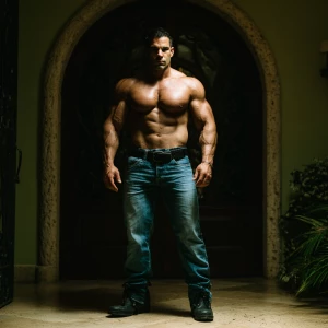 The image depicts a muscular,bodybuilder Italian man standing in...
