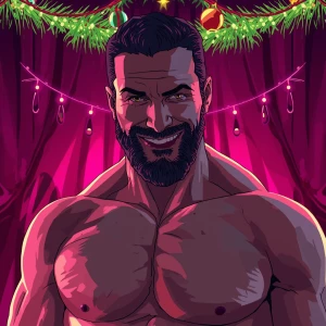 White muscular thin man with beard, big chin, smile and cheekbon...