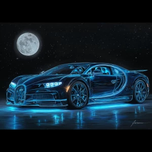 Neon blue glowing painted Bugatti w16 mistral, glows in the dark...