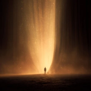 Cinematic inspirational scene of a lone figure standing before m...