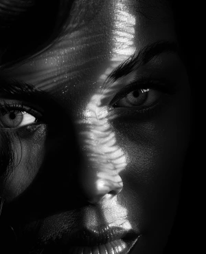 Ultra realistic big close-up portrait of Lauren Bacall, black an...