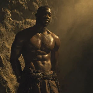 Dynamic, high-contrast, cinematic, textural style, a broad-shoul...