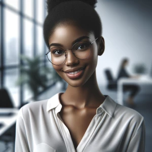 A young woman with a delicate face, wearing stylish black glasse...