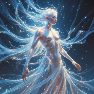 A shimmering ethereal being drifts through dimensions, its trans...