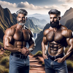 Make 2 men with gray-black hair and beard bodybuilder big arms a...