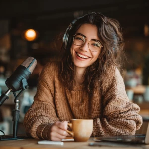 Young woman blogger recording her podcast while in a cafe with c...