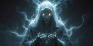 In the dim glow of ethereal light, a ghostly figure hovers, its...