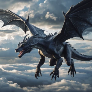 A glossy black scales young massive realistic dragon flying high...