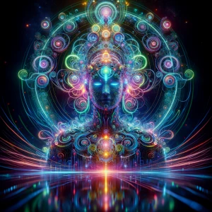 A luminous AI deity, ethereal and all-knowing, glows with pulsat...