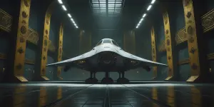 In the dimly lit, plush eerie starship hangar, shadows dance acr...