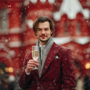A man standing on a vibrant red square, holding a sparkling glas...