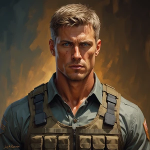 portrait of Jack Reacher, tall and muscular ex-soldier, square j...