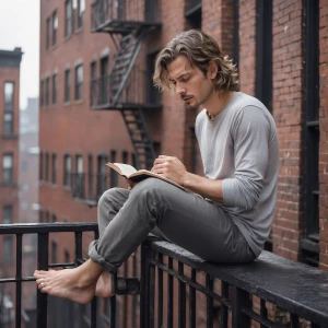 a barefoot man with slightly messy medium-length wavy hair, wear...