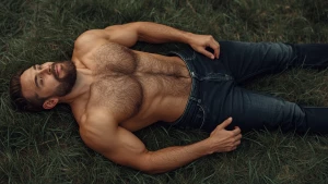 a beef muscle man hairy chest beard with brown hair dark jeans l...