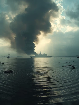 Dramatic ultra-cinematic shot of thick smoke clouds rising from...