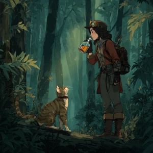 A dark green forest with tall trees, where a brunette woman with...